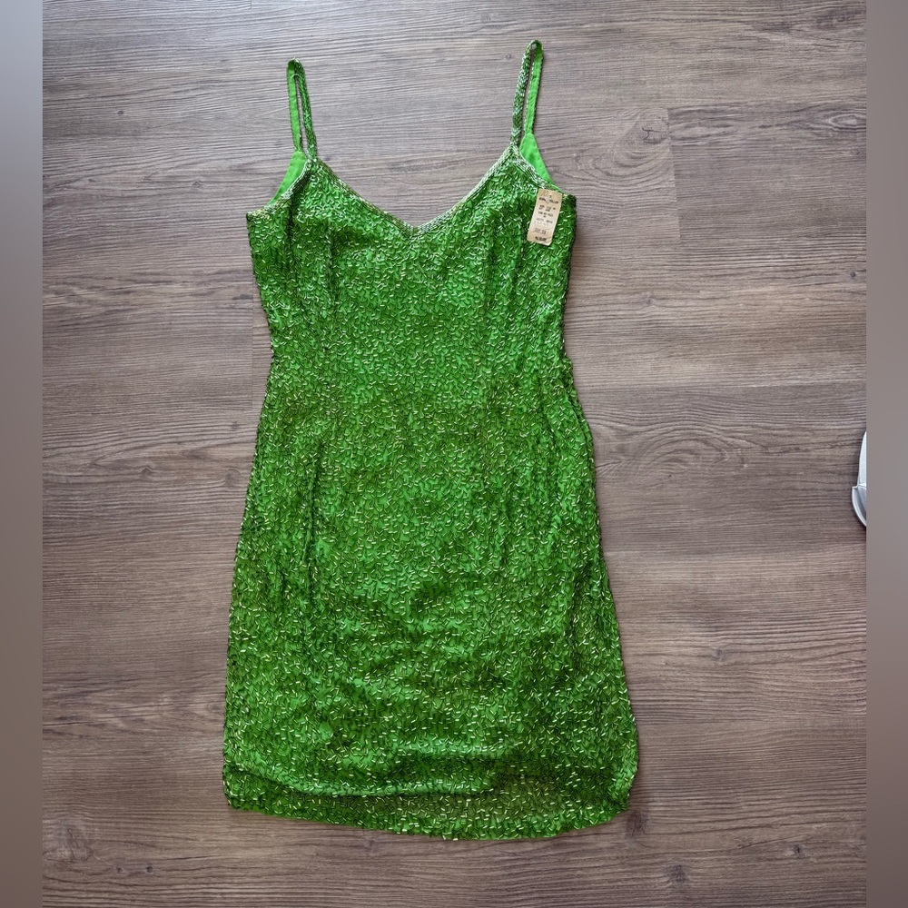 NEW Black Tie Oleg Cassini Women’s size 10 100% Silk Beaded Green Dress